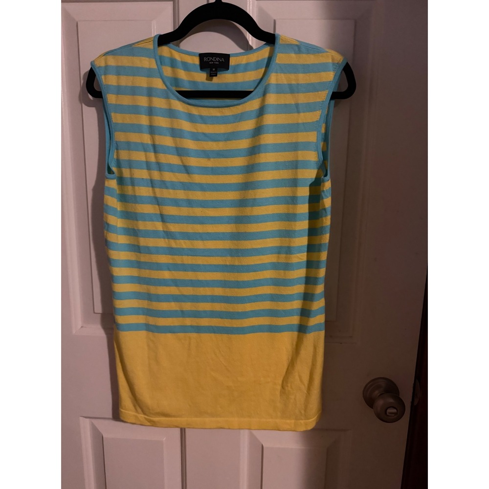 Rondina New York Women Striped Knit Sleeveless Top Yellow Blue Colorblock Medium